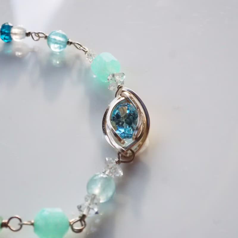 波濤碎浪 | 托帕石、天河石、閃靈鑽、月光石金屬編織純銀手鍊