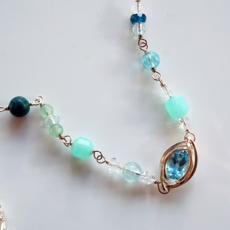 波濤碎浪 | 托帕石、天河石、閃靈鑽、月光石金屬編織純銀手鍊