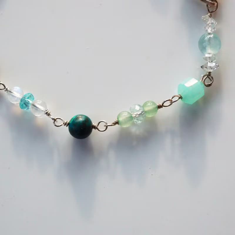 波濤碎浪 | 托帕石、天河石、閃靈鑽、月光石金屬編織純銀手鍊