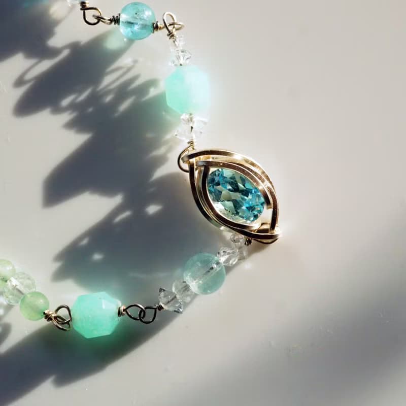 波濤碎浪 | 托帕石、天河石、閃靈鑽、月光石金屬編織純銀手鍊