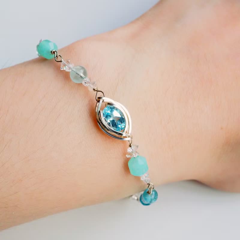 波濤碎浪 | 托帕石、天河石、閃靈鑽、月光石金屬編織純銀手鍊