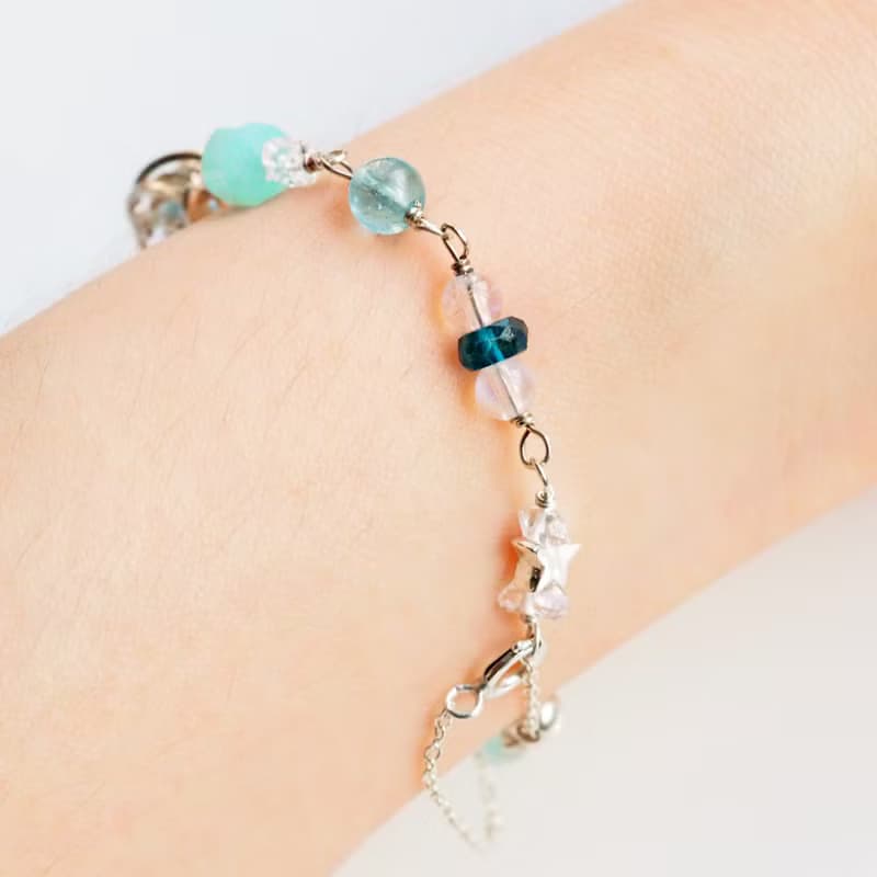 波濤碎浪 | 托帕石、天河石、閃靈鑽、月光石金屬編織純銀手鍊