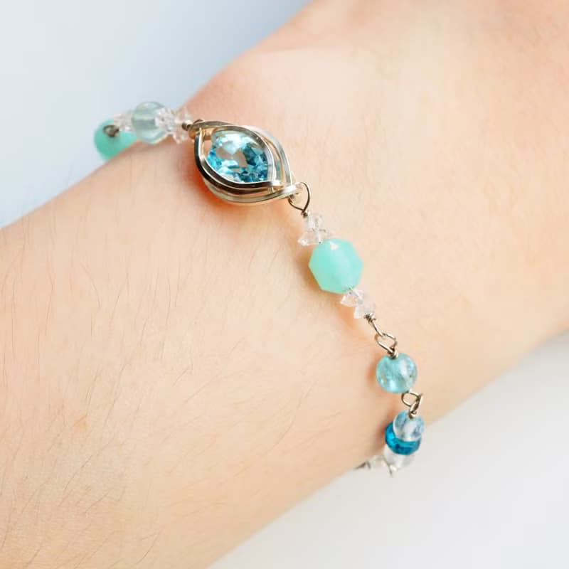 波濤碎浪 | 托帕石、天河石、閃靈鑽、月光石金屬編織純銀手鍊