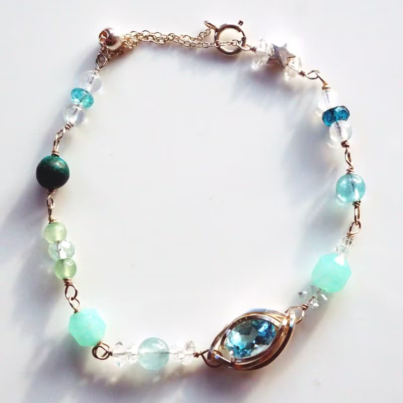 波濤碎浪 | 托帕石、天河石、閃靈鑽、月光石金屬編織純銀手鍊