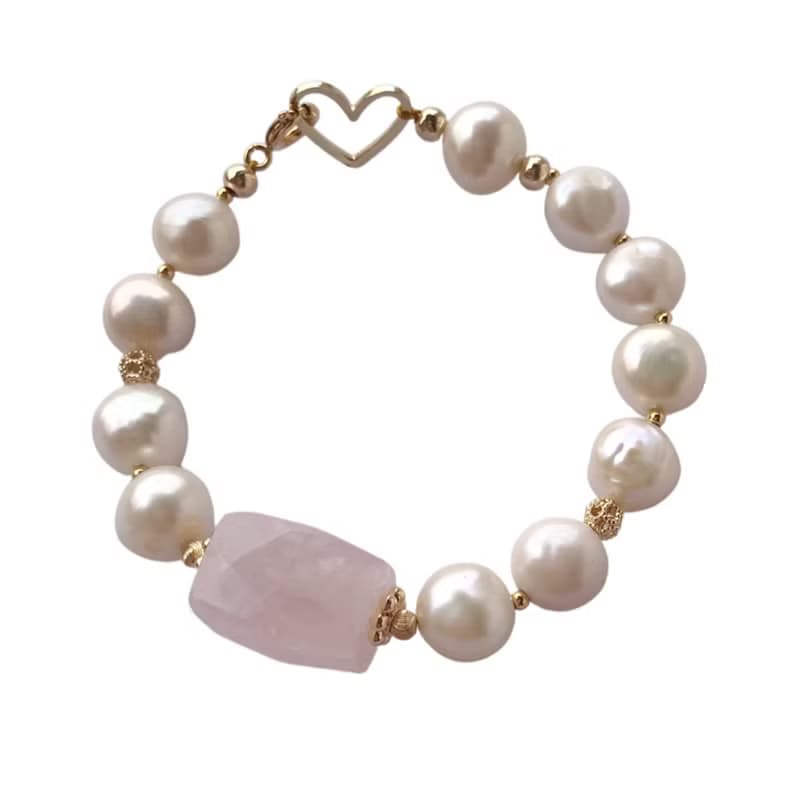 天然粉晶巴洛克珍珠手鍊