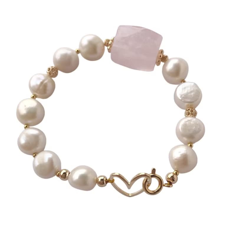 天然粉晶巴洛克珍珠手鍊
