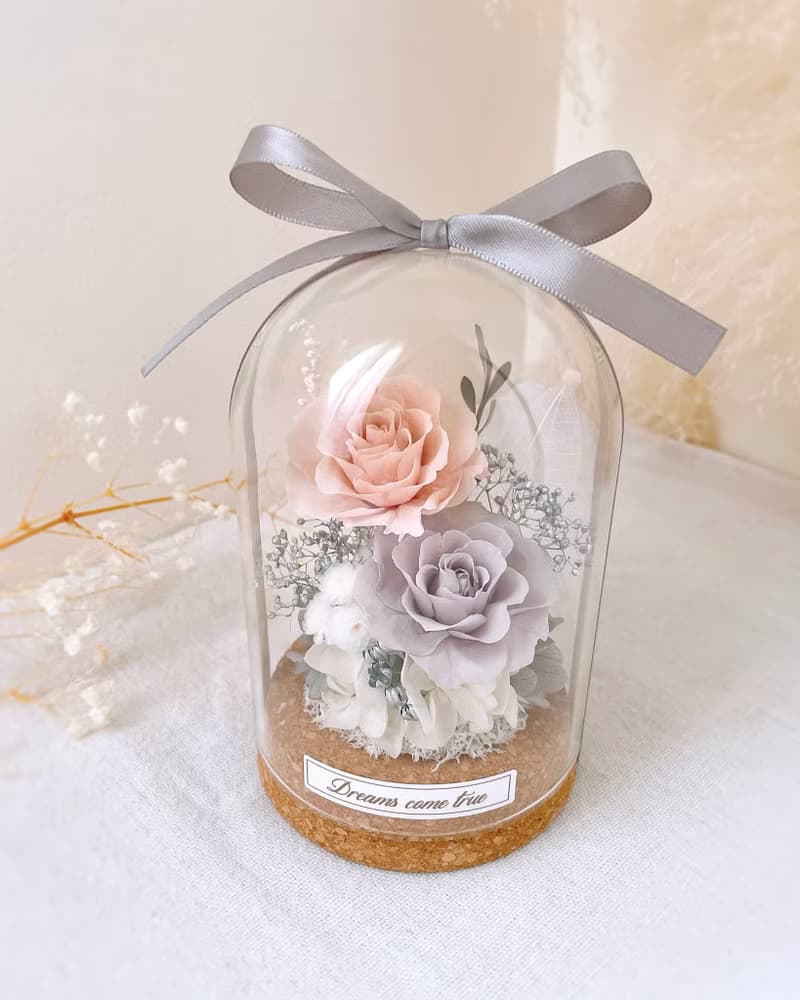 永生花玻璃盅-淡霧杏灰 l 不凋花玻璃盅 日本玫瑰 乾燥花盅
