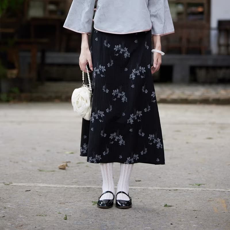黑色印花 國風水墨花紋半身裙子 新中式中秋春節改良長裙