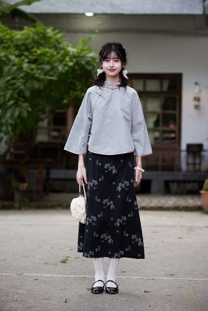 黑色印花 國風水墨花紋半身裙子 新中式中秋春節改良長裙