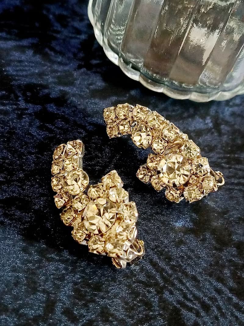 vintage jewelry 經典奢華萊茵鑽 夾式耳環