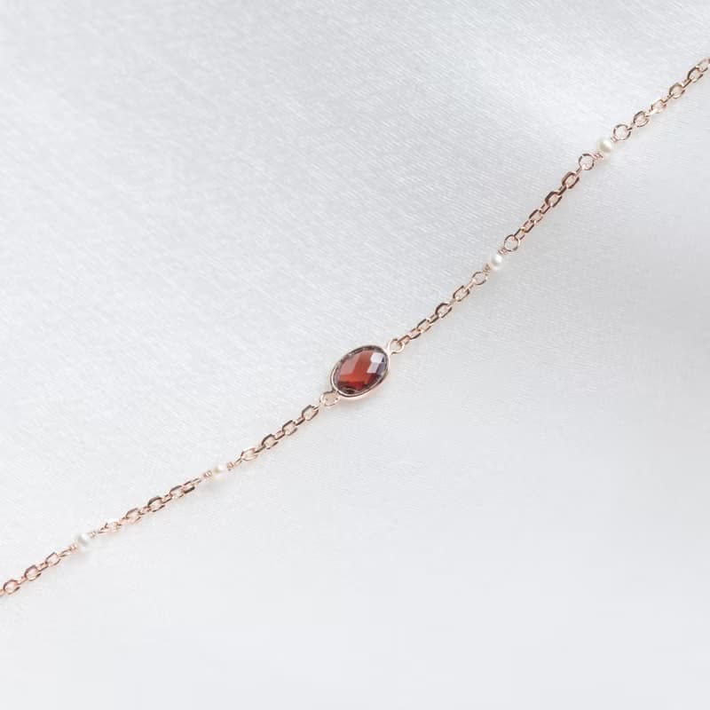 石榴石925純銀鍍玫瑰金橢圓寶石mix珍珠果實手鍊