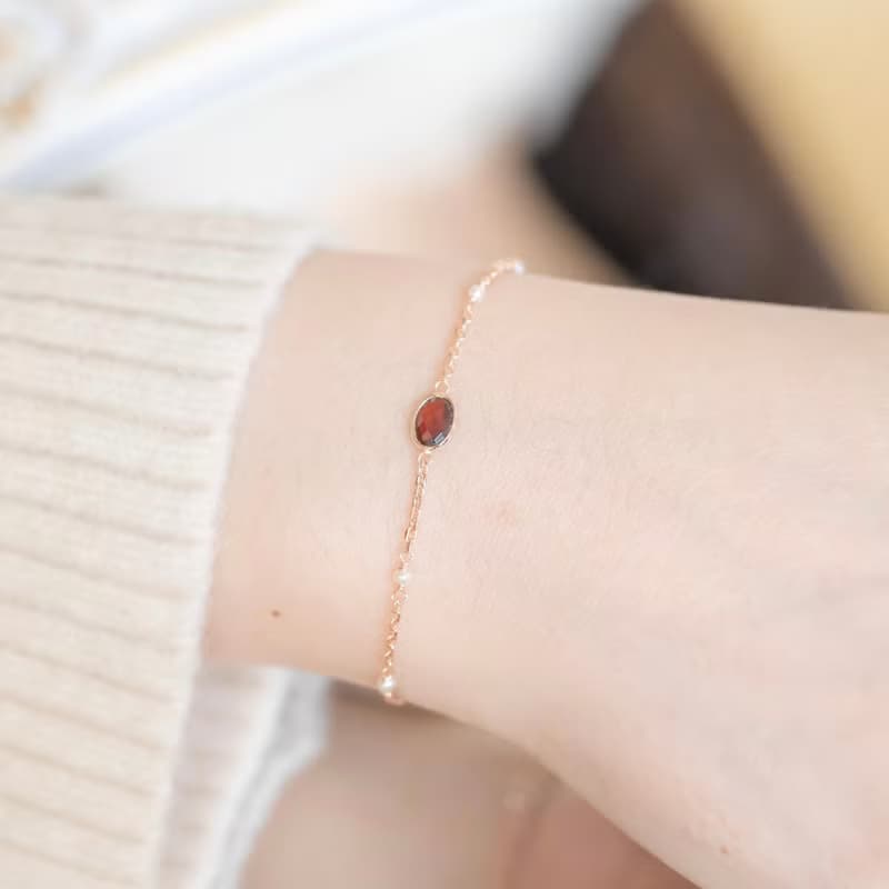 石榴石925純銀鍍玫瑰金橢圓寶石mix珍珠果實手鍊