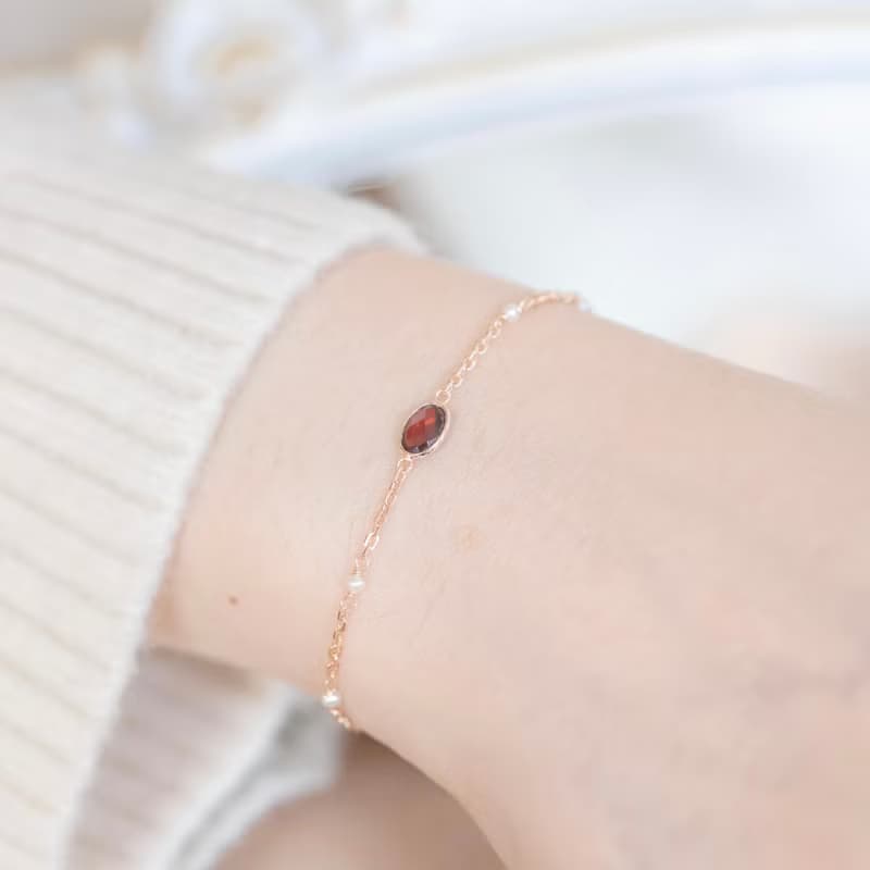 石榴石925純銀鍍玫瑰金橢圓寶石mix珍珠果實手鍊