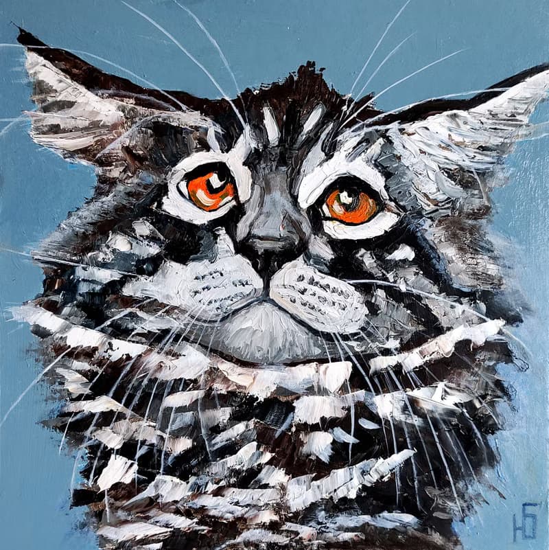 Maine Coon Cat Painting Original Art, Funny Pet Portrait, Tabby Cat Wall Art