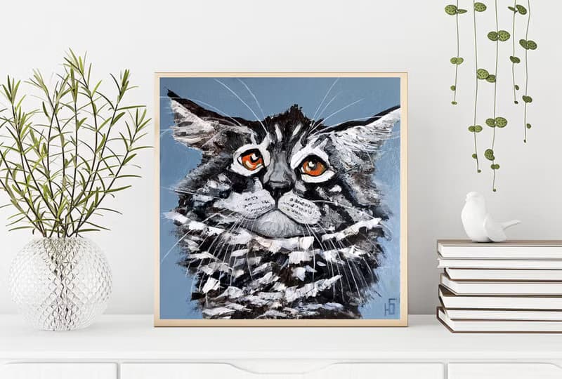 Maine Coon Cat Painting Original Art, Funny Pet Portrait, Tabby Cat Wall Art