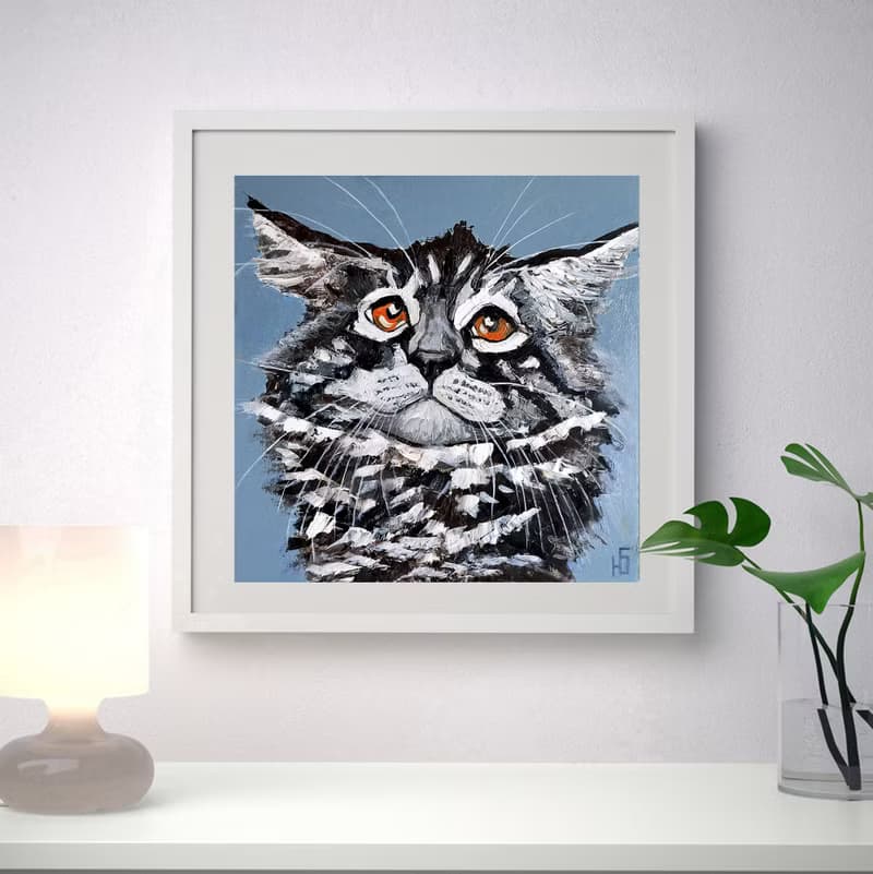 Maine Coon Cat Painting Original Art, Funny Pet Portrait, Tabby Cat Wall Art