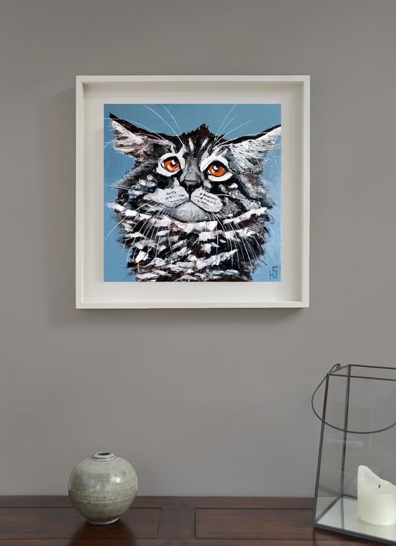 Maine Coon Cat Painting Original Art, Funny Pet Portrait, Tabby Cat Wall Art