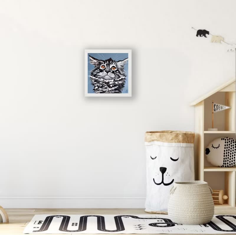 Maine Coon Cat Painting Original Art, Funny Pet Portrait, Tabby Cat Wall Art
