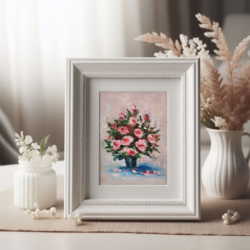 Pink Roses Floral Bouquet Original Painting, Flower Artwork, Small Wall Art