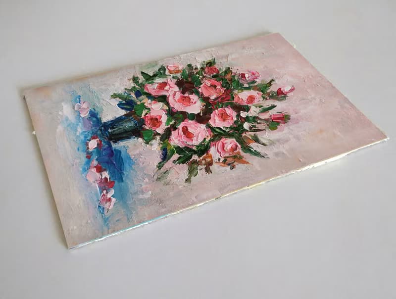 Pink Roses Floral Bouquet Original Painting, Flower Artwork, Small Wall Art
