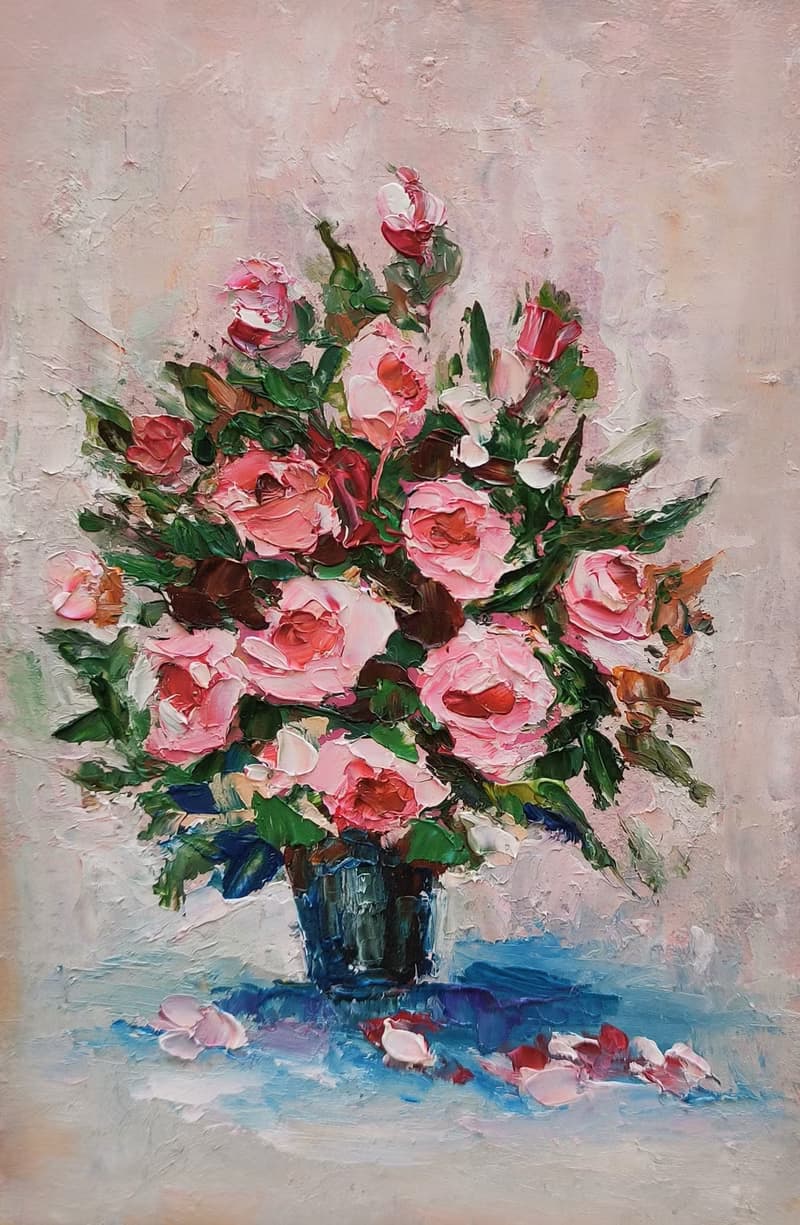 Pink Roses Floral Bouquet Original Painting, Flower Artwork, Small Wall Art