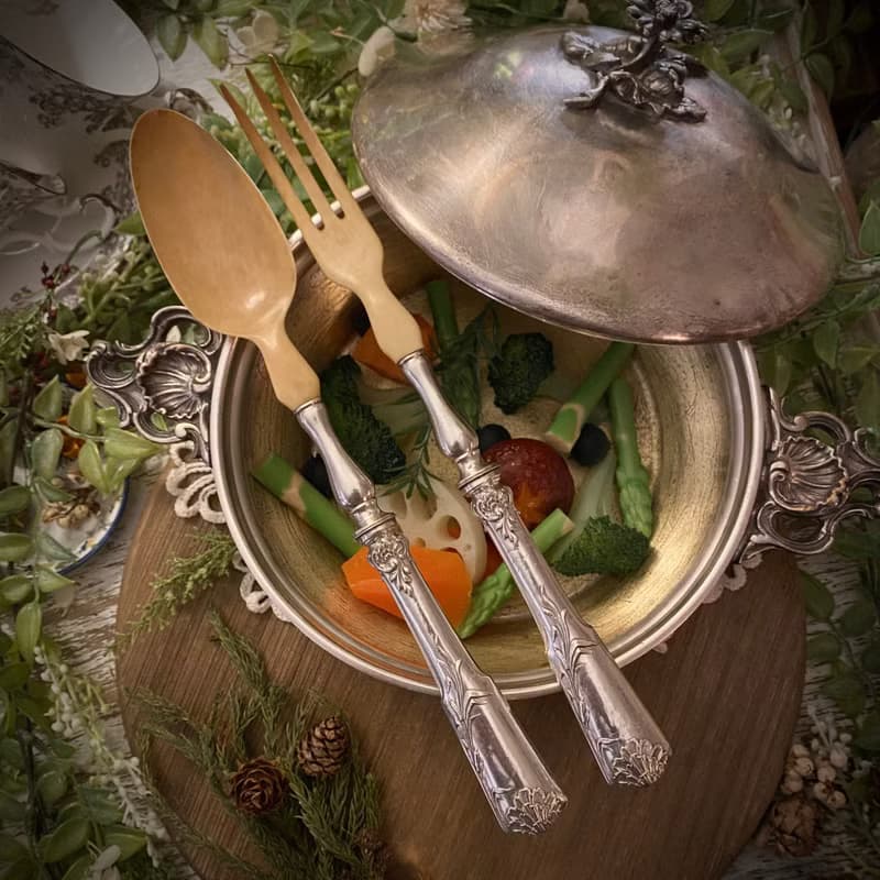 法國Art Nouveau 純銀柄 大型雕花分食餐具 原盒裝組