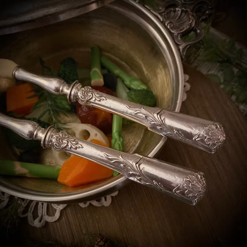 法國Art Nouveau 純銀柄 大型雕花分食餐具 原盒裝組