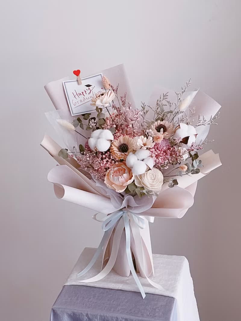【乾燥花不凋花】粉紅向日葵不凋滿天星花束