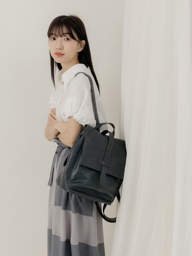 supportingrole 中型率性簡單多分層方形真皮後背包 藍