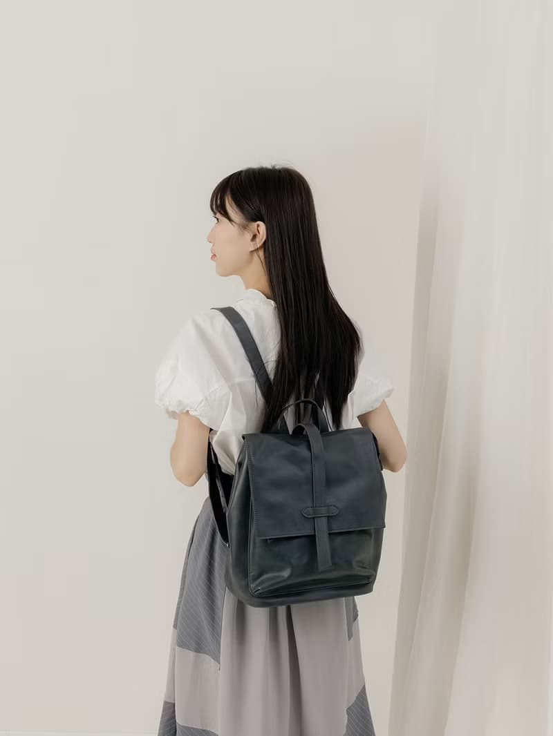 supportingrole 中型率性簡單多分層方形真皮後背包 藍