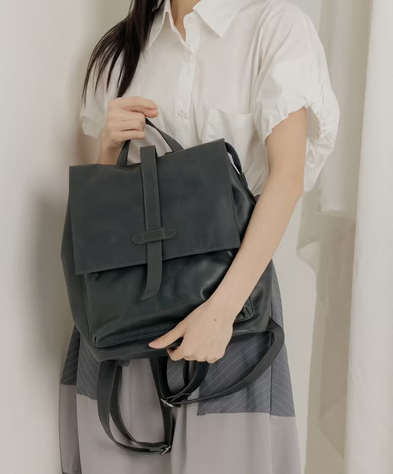supportingrole 中型率性簡單多分層方形真皮後背包 藍