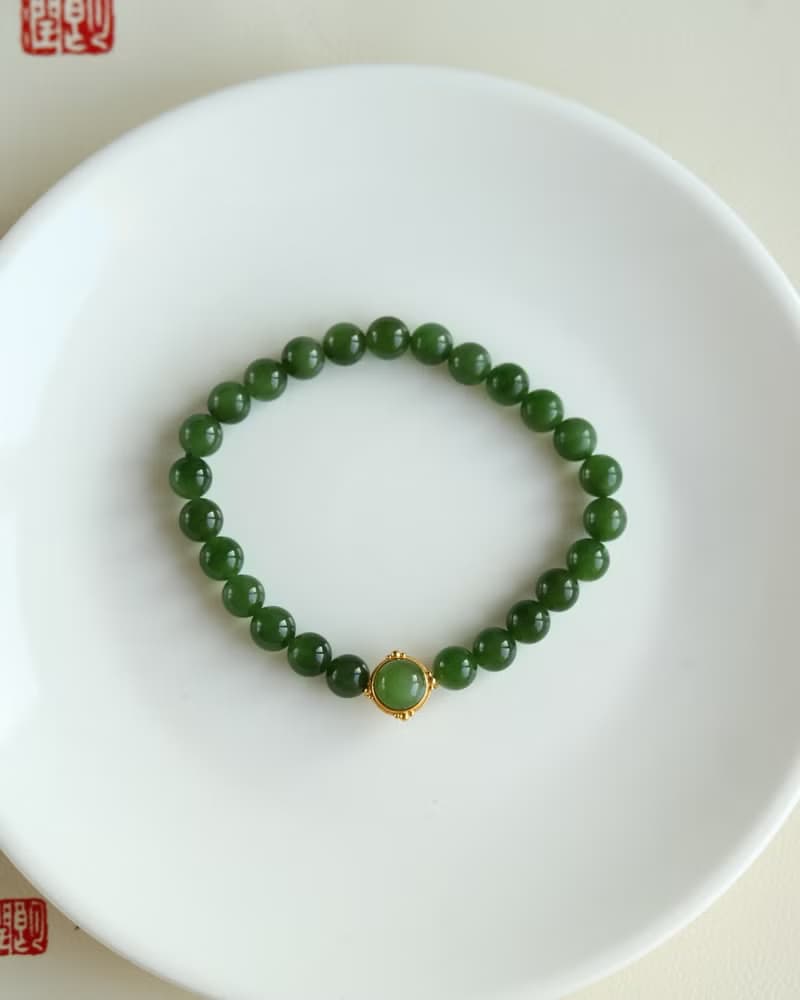 天然和田玉 /和闐玉-碧玉 純銀鎏金鑲嵌碧玉配飾設計單圈手串手鍊