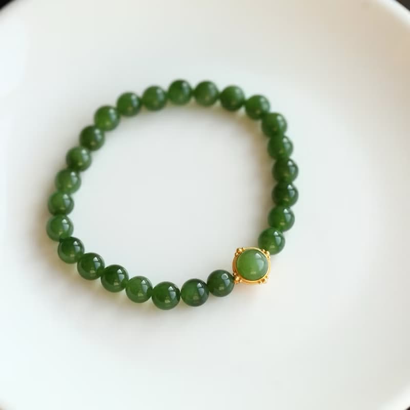 天然和田玉 /和闐玉-碧玉 純銀鎏金鑲嵌碧玉配飾設計單圈手串手鍊