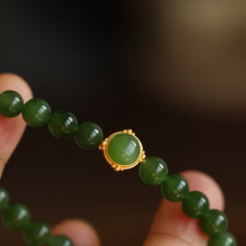 天然和田玉 /和闐玉-碧玉 純銀鎏金鑲嵌碧玉配飾設計單圈手串手鍊