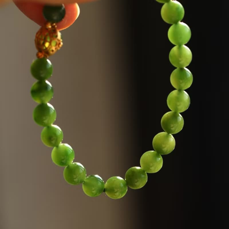 天然和田玉 /和闐玉-碧玉 純銀鎏金鑲嵌碧玉配飾設計單圈手串手鍊