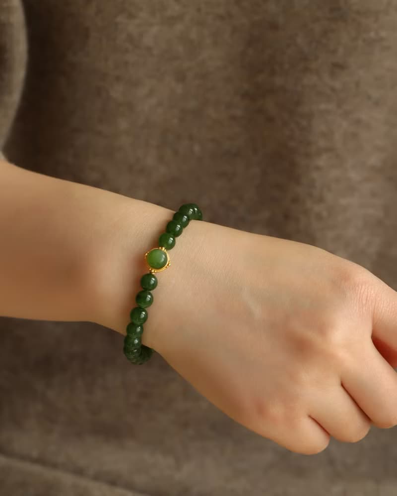 天然和田玉 /和闐玉-碧玉 純銀鎏金鑲嵌碧玉配飾設計單圈手串手鍊