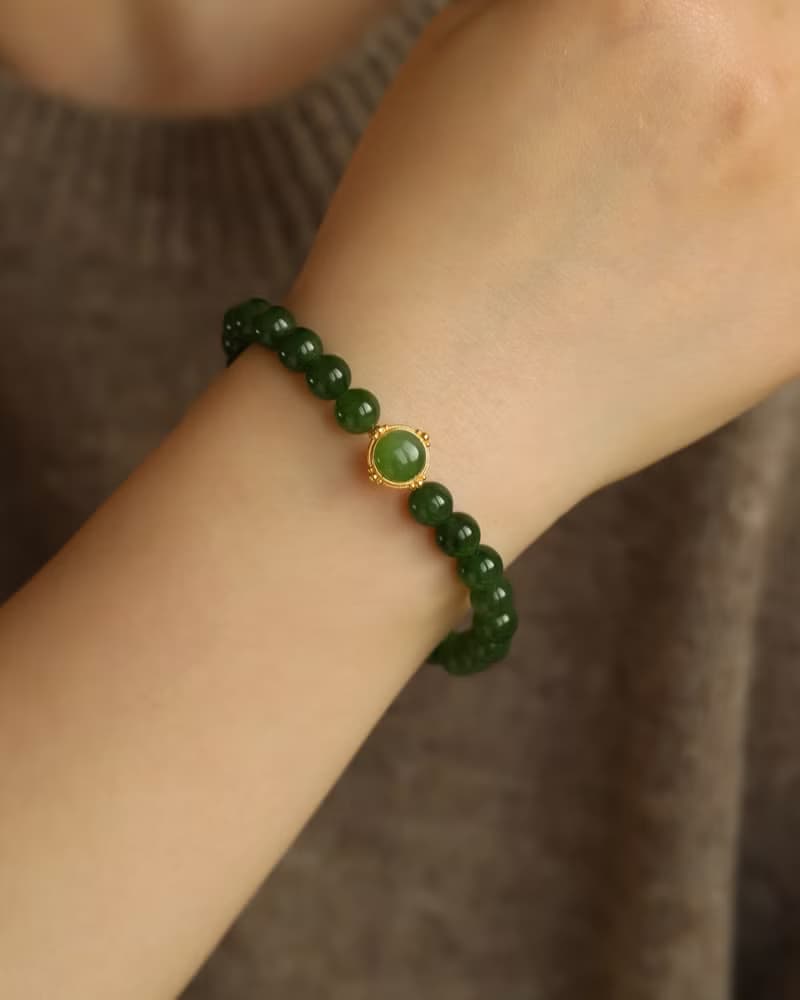 天然和田玉 /和闐玉-碧玉 純銀鎏金鑲嵌碧玉配飾設計單圈手串手鍊