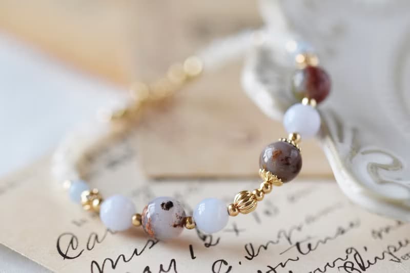 夢。彼得石 藍紋瑪瑙 天使石 白月亮石 14K配件 天然石水晶手鍊