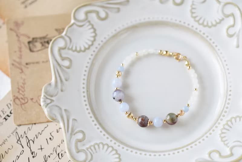 夢。彼得石 藍紋瑪瑙 天使石 白月亮石 14K配件 天然石水晶手鍊