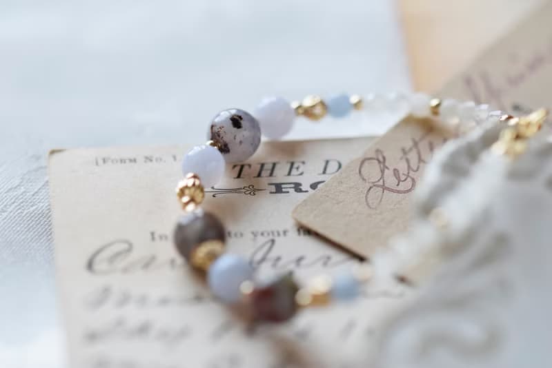 夢。彼得石 藍紋瑪瑙 天使石 白月亮石 14K配件 天然石水晶手鍊