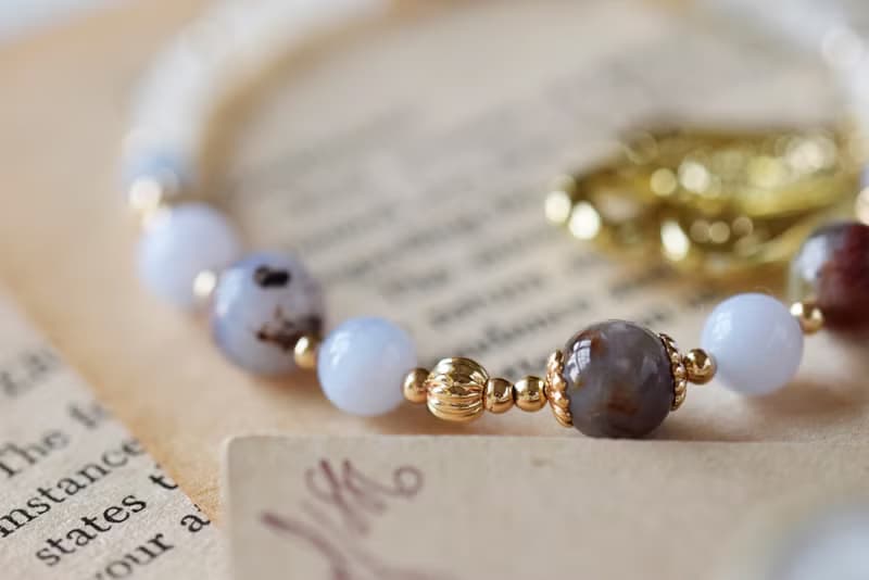 夢。彼得石 藍紋瑪瑙 天使石 白月亮石 14K配件 天然石水晶手鍊