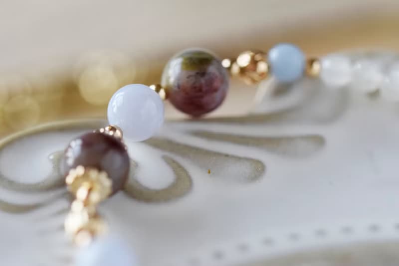 夢。彼得石 藍紋瑪瑙 天使石 白月亮石 14K配件 天然石水晶手鍊