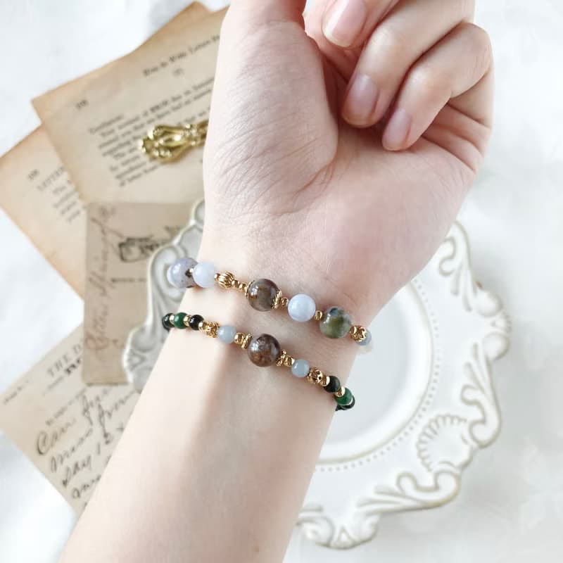 夢。彼得石 藍紋瑪瑙 天使石 白月亮石 14K配件 天然石水晶手鍊