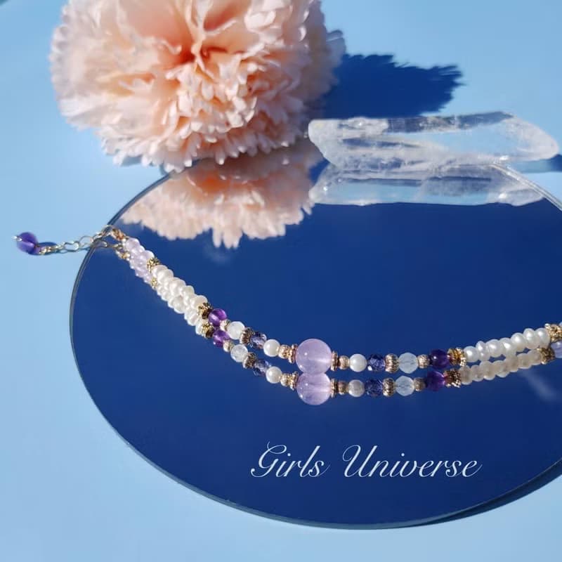 雋永。夢露 薰衣草紫水晶 淡水珍珠 堇青石 14K包金 水晶設計手鍊