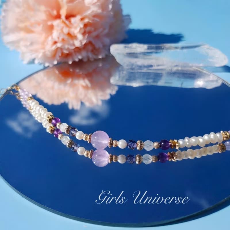 雋永。夢露 薰衣草紫水晶 淡水珍珠 堇青石 14K包金 水晶設計手鍊