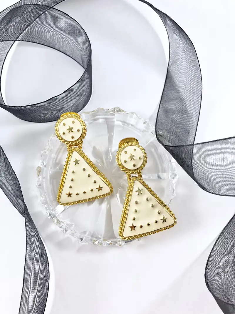 Vintage 70s Gold Stars Triangle Drop Earrings