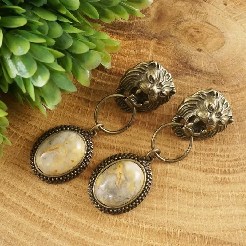 Lion Head Beige Yellow Gray Lace Agate Leo Large Long Bronze Earrings Jewelry