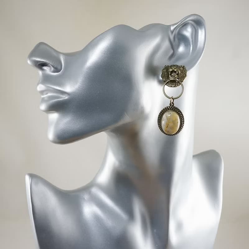 Lion Head Beige Yellow Gray Lace Agate Leo Large Long Bronze Earrings Jewelry