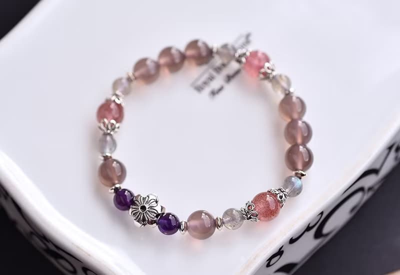 煙燻紫玉髓+紫水晶+草莓晶+拉長石純銀花朵手鍊