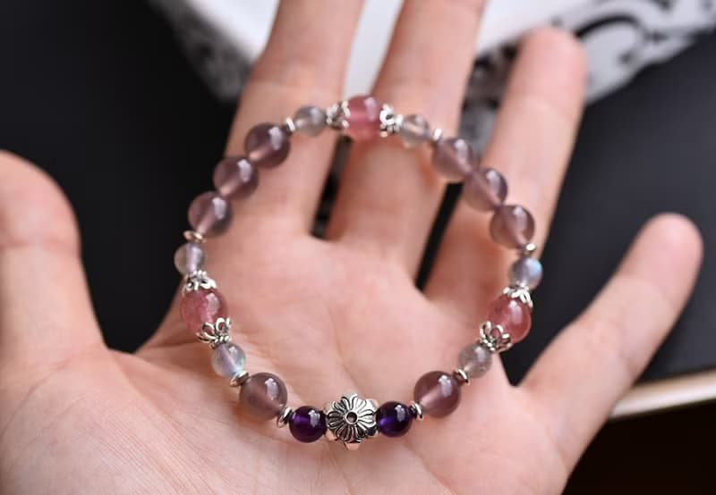 煙燻紫玉髓+紫水晶+草莓晶+拉長石純銀花朵手鍊
